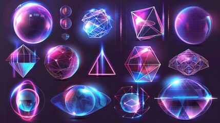 Sticker - A collection of glowing geometric shapes in vibrant pink and blue hues, with intricate details and a futuristic aesthetic.