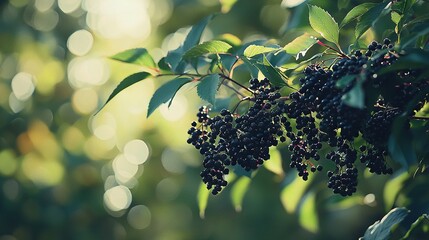 Wall Mural -   A close-up of red berries on a tree branch, illuminated by sunlight filtering through green leaves Bokeh blur in the background