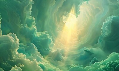 Wall Mural - a green sky with clouds and a sun in the middle