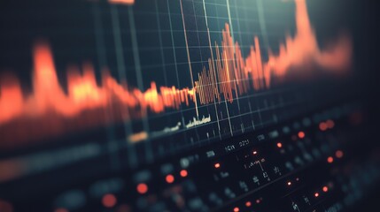 Poster - Close-up of a waveform on an audio analyzer screen, showing detailed peaks and troughs of electrical signals