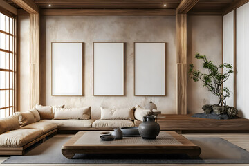 A traditonal japanese living room featuring natural tones and minimalist decor. Three large, white photo frames on the wall. Mockup for photos and art.