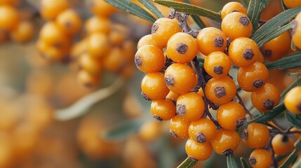 Wall Mural -   A zoomed-in image of several berries dangling from a tree branch, with water beads glistening on them and lush green foliage surrounding them