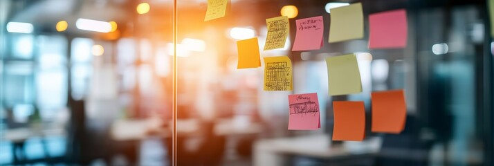 Poster - Glass wall covered with sticky notes in a modern office environment. Symbolizing business strategy, brainstorming, and team planning.