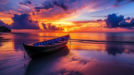 Wall Mural - Gorgeous beach sunset with a boat silhouette