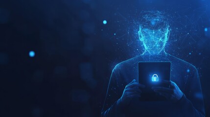 Aufkleber - Abstract digital figure holding a tablet with a glowing lock icon. Cybersecurity and secure digital identity concept.