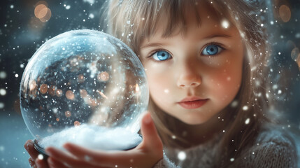 Wall Mural - Young child holds a shimmering snow globe filled with lights during a snowy evening in winter wonderland. Generative AI.