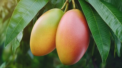   A mango tree with two mangoes dangling from its branches, against a backdrop of lush green leaves