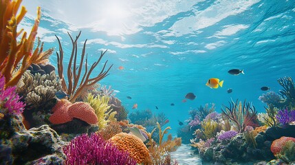 Wall Mural -   Underwater photo of vibrant coral reef featuring diverse array of colored corals, surrounded by tiny fish