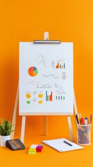 Aufkleber - Whiteboard easel with colorful business charts on an orange background. Business analytics, presentation, and growth strategy concept.