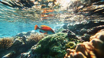   A fish swims over a coral reef in the blue ocean