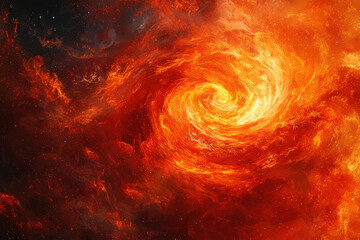 A swirling inferno of orange and red flames consumes the canvas, radiating heat and energy, a celestial dance of fire.