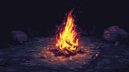 Wall Mural - A vibrant campfire glows brightly in the dark, surrounded by rocks and grass.