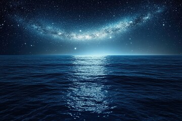 A starry night sky over a calm, rippling ocean.