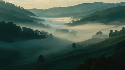 Wall Mural -   A misty valley featuring several trees up front and distant hills with tree coverage in the background