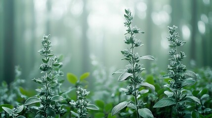 Poster -   A macro shot of a plant amidst tall blades of grass and towering trees, with hazy mist surrounding it