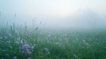 Wall Mural - a field brimming with purple blooms on top of verdant grass, adjacent to a hazy sky