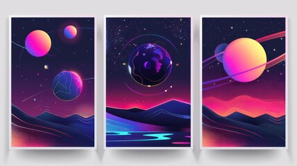Wall Mural - three abstract illustrations of a cosmic landscape with planets, stars, and mountains in neon colors