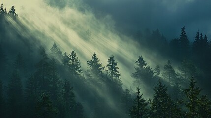 Canvas Print -   A forest brimming with towering pine trees, bathed in sunlight filtering through the clouds above