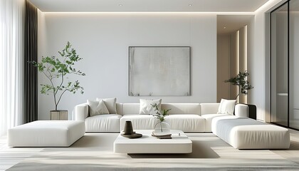 Modern minimalist living room, white walls, modern furniture, bright space, comfortable sofa and fresh interior design.