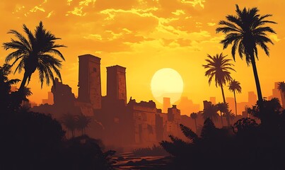 Poster - Silhouetted Cityscape with Palm Trees at Sunset