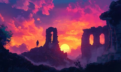 Wall Mural - A lone figure stands amidst ancient ruins against a fiery sunset.