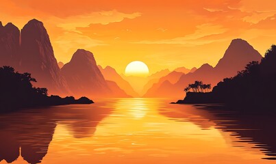 Sticker - Golden Sunset Over Silhouetted Mountains and Calm Water