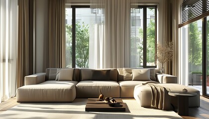 Wall Mural - The modern and minimalist living room is equipped with comfortable sofas and exquisite decorations. Bright natural light shines in through the windows, creating a warm atmosphere.