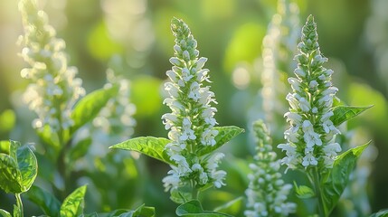 Poster -   A close-up of a bouquet of flowers with lush green foliage in the foreground and a softly blurred background