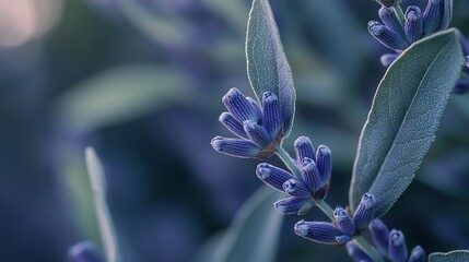 Poster -   Purple flower close-up, leaves in foreground, blurred background