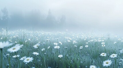 Wall Mural -  Green grass field with many white flowers, trees in the distance