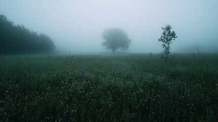 Poster -   A foggy field with a lone tree in its center and a solitary tree centered in the clearing