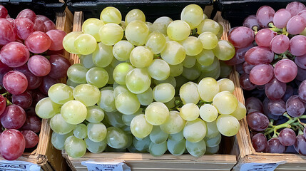 Vitis vinifera Cotton Candy Grape a market setting a display of Cotton Candy grapes ready for sale emphasizing their unique sweet flavor and green color