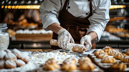 A chef is making dough for pastries in a bakery