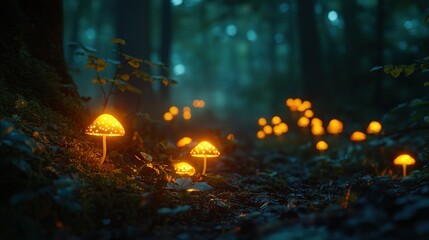 Sticker -   A cluster of luminescent mushrooms resting amidst a verdant forest carpeted with abundant green foliage and punctuated by diminutive amber lamps