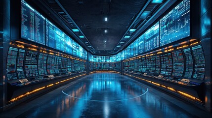 Poster - Dynamic trading environment, bustling floor with traders engaged in advanced technology, screens displaying real-time market data, focused atmosphere.