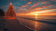© Typical Tuesday - A festive Christmas tree stands tall on a tropical beach at sunset, with the sky ablaze in vibrant sunset colors. A unique and breathtaking blend of holiday cheer and exotic beauty