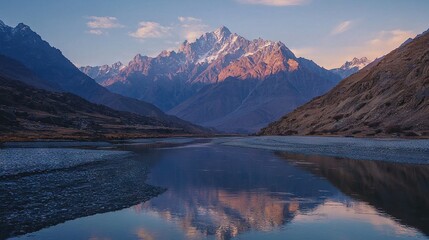 Poster -   Reflected mountain range on river's still water