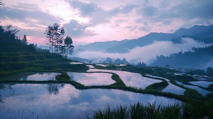 Sticker -  A picturesque rice field surrounded by mountains, with water reflecting in the foreground and clouds dotting the sky in the background