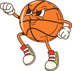 Aufkleber - Cartoon groovy school sport basketball ball character in energetic pose. Isolated vector personage with expressive facial expression, wearing sneakers, and looking ready for sporty fun and competition