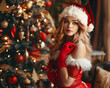 © Arturo - dark blonde model with santa hat standing in front of lit christmas tree in the background