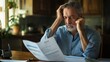 © Mehak - frustrated man overwhelmed by bills and paperwork at home representing financial stress and debt