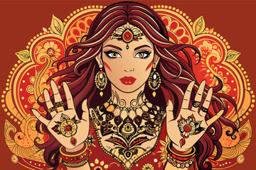 Beautiful Indian woman with henna tattoos and traditional jewelry, intricate design on a red background