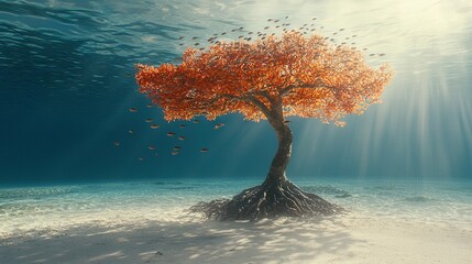 Wall Mural -   A tree in the middle of a body of water surrounded by birds flying on a sunny day