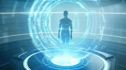 Poster - Futuristic Human Silhouette in a Holographic Portal