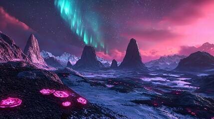 Wall Mural -  landscape with mountains, rocks, and an Aurora-lit sky in the background