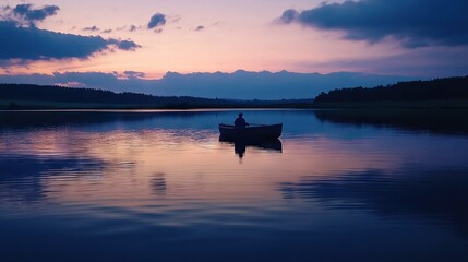   A small boat on water under a purple, blue sky with cloudy background