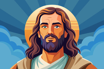 Jesus Christ portrait illustration with halo and clouds. Religious art for Christian faith.