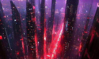 Canvas Print - Futuristic Cityscape with Red Glow and Black Towers