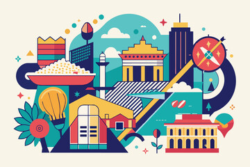 Aufkleber - abstract geometric shapes and icons in a colorful retro style design