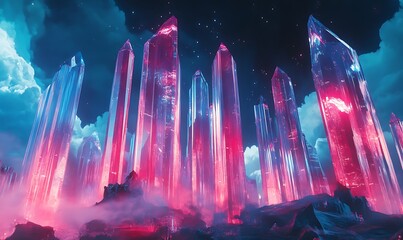 Poster - A Crystal Forest with Pink and Blue Glowing Towers Under a Starry Sky